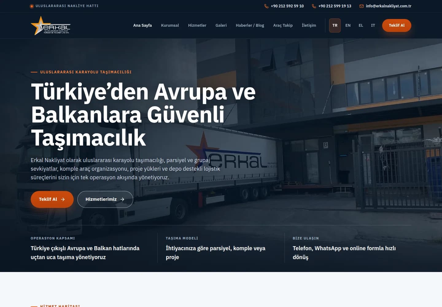 Erkal Nakliyat web sitesinin uluslararası taşıma rotaları ve hizmetleri