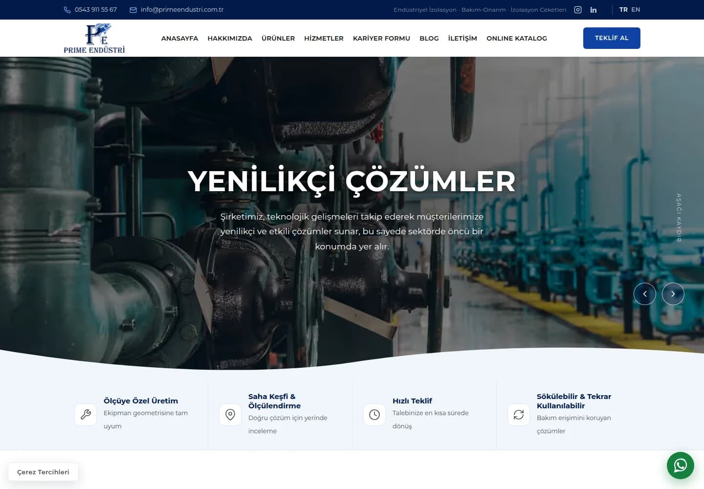 Prime Endüstri web sitesinin endüstriyel izolasyon çözümleri sayfası